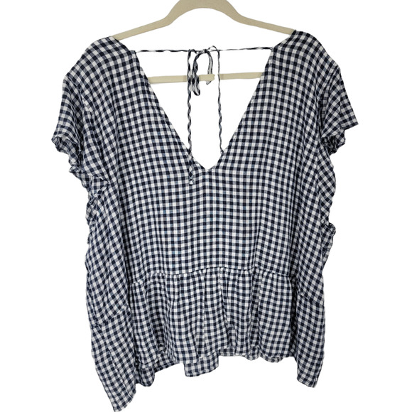 Abercrombie & Fitch Women's Size XXL Top V Neck Smocked Babydoll Peplum Check - Picture 2 of 10